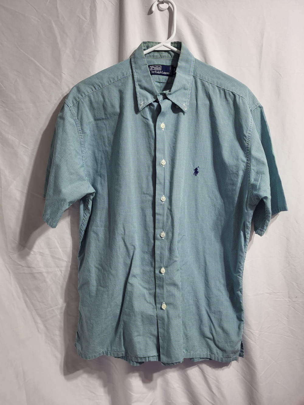 Ralph Lauren Light Blue Micro-Check Short Sleeve Button-Down Shirt, Size Medium.